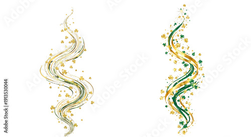 Gold and Green Shamrock Ribbon Swirls: St. Patrick's Day Abstract Design, Two abstract, swirling designs on a white background, one made of gold and green lines and clovers, the other of solid gold