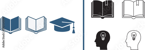 A minimalist icon set in blue, black, and white featuring open books, a graduation cap, and human silhouettes with lightbulbs, symbolizing education, graduation, and intellectual insight.
