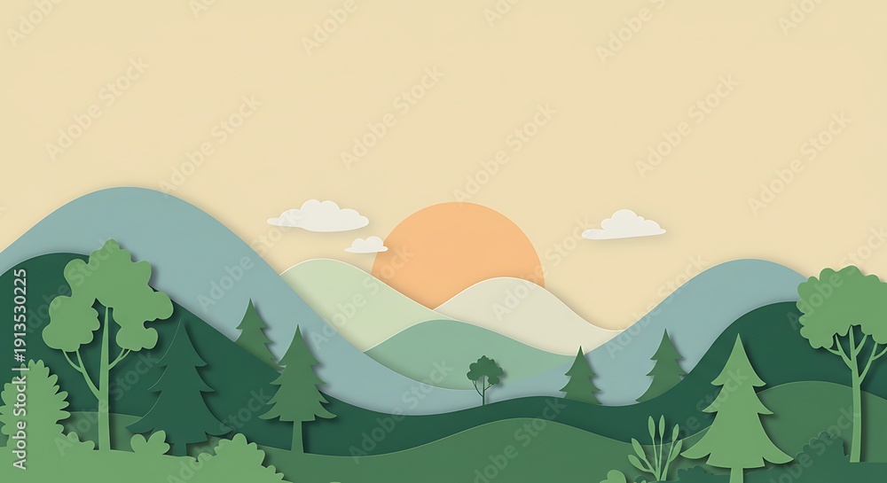 Fototapeta premium Pastel Mountain Landscape at Sunrise, Simple Silhouette Style.