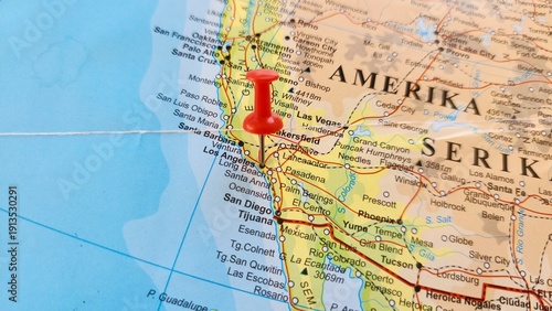 View of Los Angeles, Seat of Los Angeles County, and largest city in California, United States, on a geographical map of America, marked with red push pin