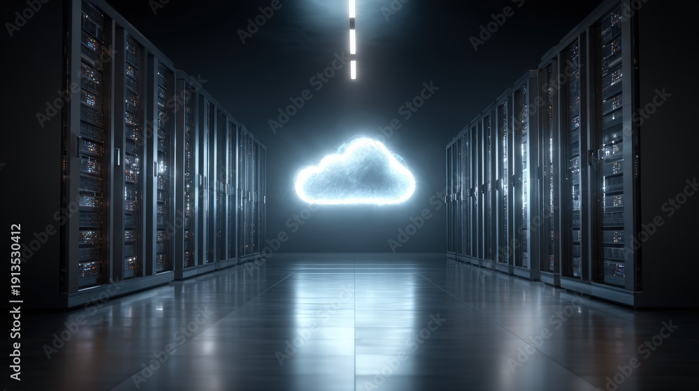 Fototapeta premium Dedicated hosting server with cloud symbol projected above, symbolic clean tech image