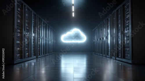 Dedicated hosting server with cloud symbol projected above, symbolic clean tech image