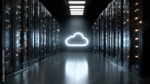 Dedicated hosting server with cloud symbol projected above, symbolic clean tech image