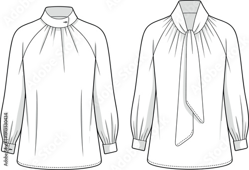 White blouse with collar and long sleeves puffy cuffs tie front