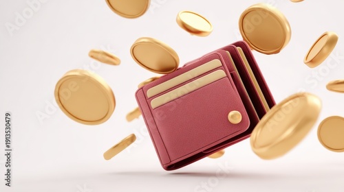 Digital payment concept with floating 3D wallet and coins, clean white background