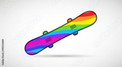 Vibrant rainbow skateboard in mid air on white background with gradient shadow