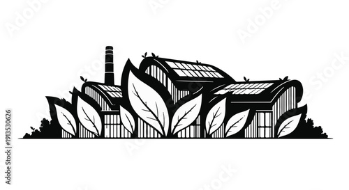 Sustainable factory building with green leaves integration, showcasing eco-friendly industrial architecture design