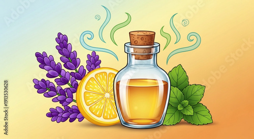 Aromatherapy bottle with lavender lemon and mint on a colorful background for relaxation and wellness