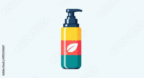 Colorful hand sanitizer bottle with leaf logo on white background for hygiene and health concepts