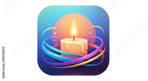 Colorful candle with flame and swirling ribbons in night sky with stars