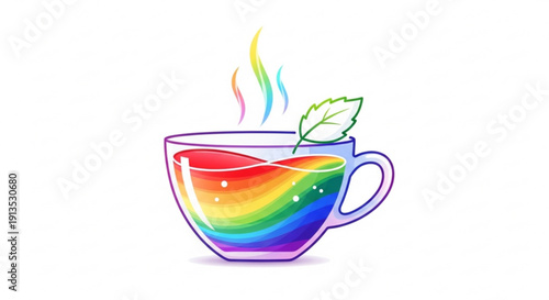 Vibrant rainbow colored tea cup with steaming hot herbal infusion and leaf symbolizing wellness and diversity