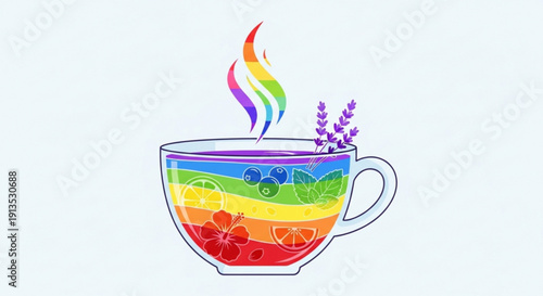 Vibrant rainbow tea cup with steaming colorful smoke and lavender filled with fruit layers on white background