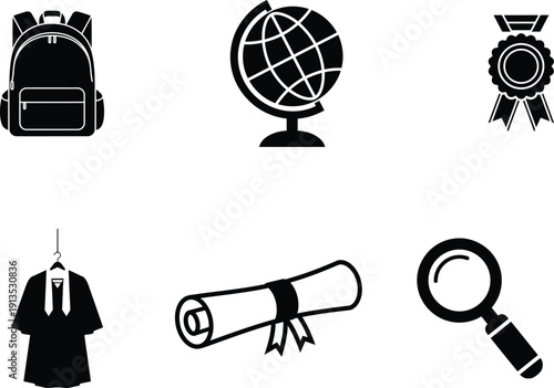 Collection of education and learning icons including backpack globe award shirt diploma magnifying glass