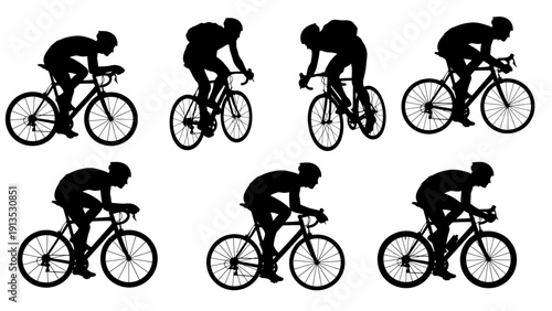 Silhouetted cyclists ride in a row in a monochrome sequence.