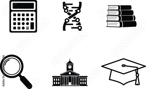 Education and science icons including calculator DNA books magnifying glass university and graduation cap