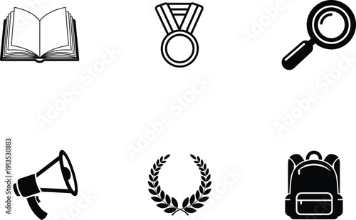 Collection of education and achievement icons including book medal magnifying glass megaphone laurel wreath backpack