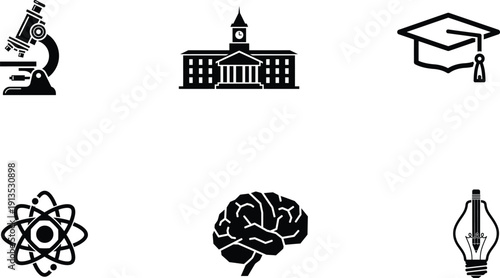 Education and science icons including microscope university graduation cap atom brain and light bulb