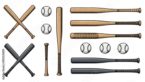 Collection of wooden baseball bats and baseballs arranged for display in a sports setup.