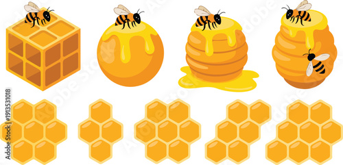 Honeycomb and Dripping Honey Vector Illustration Bees and Hexagonal Cells