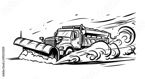 Snow plow truck clearing road in winter conditions, vector illustration