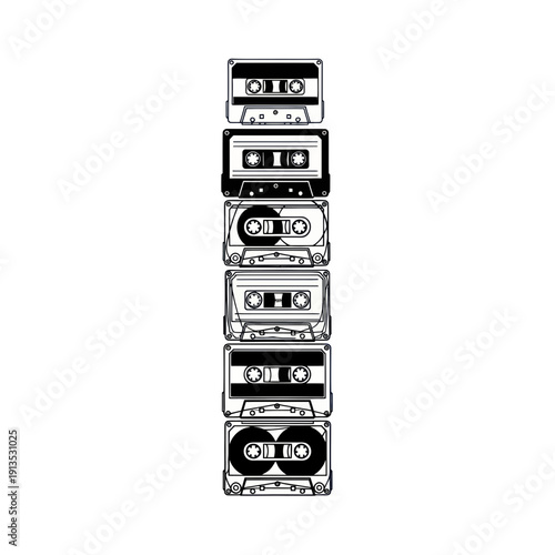 Stack of vintage audio cassette tapes, retro music technology, isolated on white background