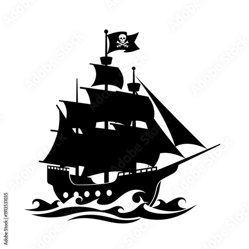 Silhouette Pirate Ship Sailing on Waves with Jolly Roger Flag