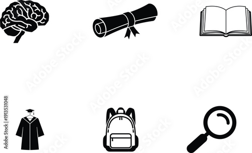education icons with brain book diploma graduation gown backpack magnifying glass