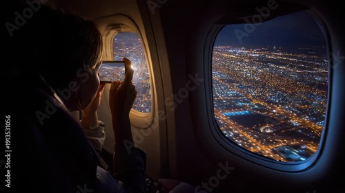 A traveler captures a stunning cityscape illuminated by thousands of lights through an airplane window during a night flight. Urban glow and travel vibes create a mesmerizing atmosphere