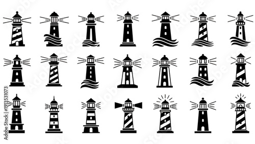 Patterned row of black and white striped lighthouses showcasing architectural repetition.