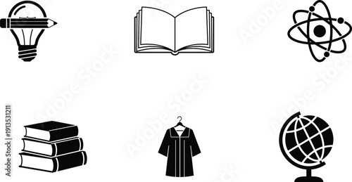 education and science icons with book and globe and atom