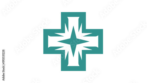 Teal medical cross symbol with central star emblem in a modern graphic design.