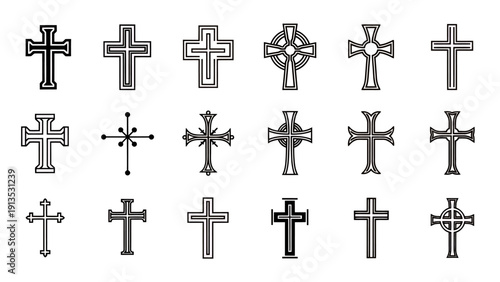 Collection of varied cross designs in grayscale, religious symbols, line art illustrations.