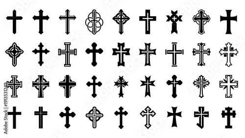 Collection of diverse cross symbols and designs displayed in rows.