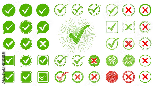 Collection of green checkmarks and red crosses used as status indicators in graphic icons.