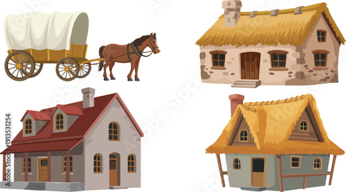 Medieval Village Vector Illustration Set Horse Wagon and Rustic Houses