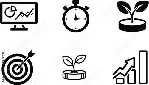 black and white business icons on white background