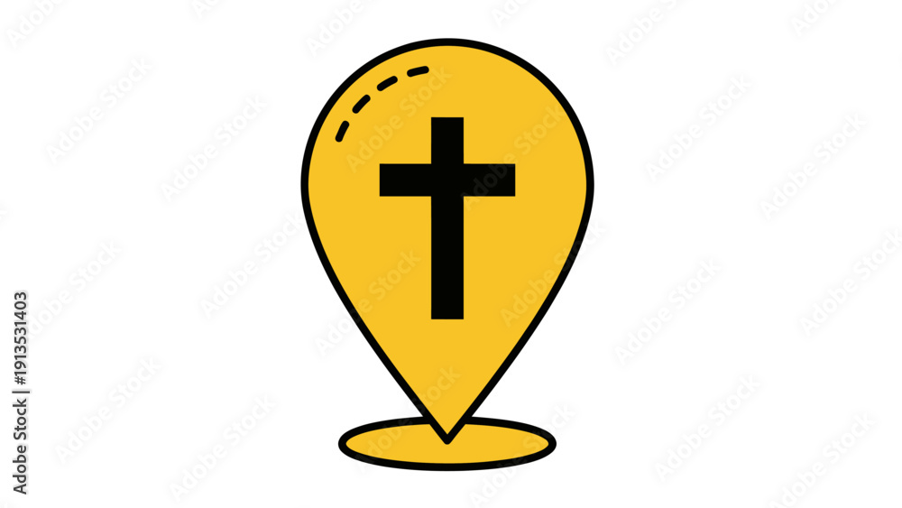 Fototapeta premium Yellow map pin featuring a black cross symbol, representing a religious marker.