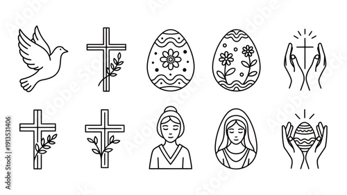 Set of Christian religious symbols including crosses doves prayer hands holy figures and icons collection.