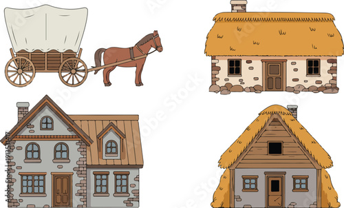 Medieval Village Vector Illustration Set Horse Wagon and Rustic Houses