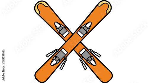 Two orange cross skis with bindings arranged in an X shape for a sports illustration.