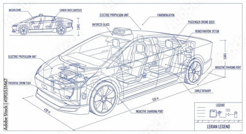 Detailed technical drawing of a modern sports car with labels.