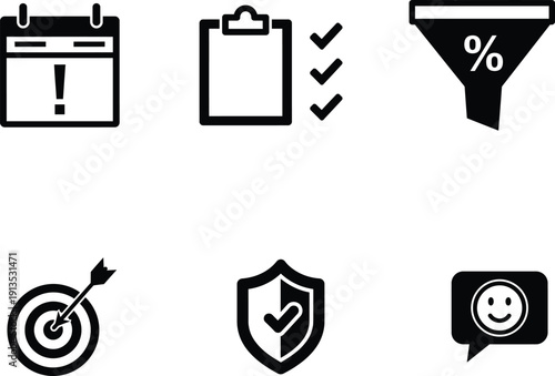 business icons with calendar clipboard shield target and smiley face