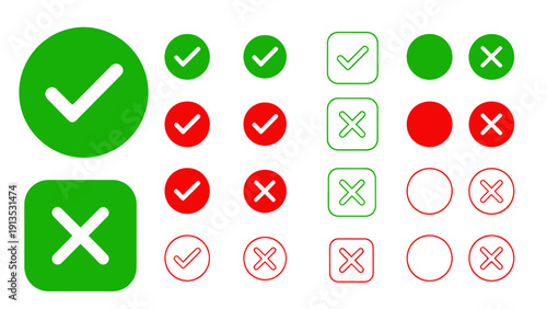 Collection of green and red approval and rejection icons, symbols, and checkmark motifs for validation and verification graphics.