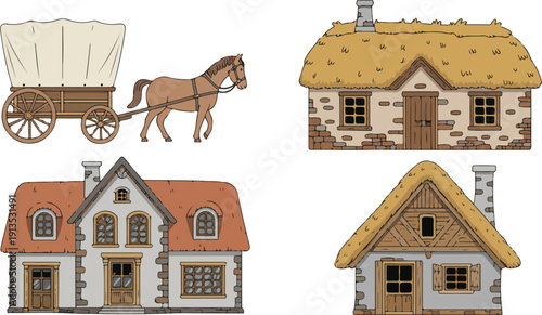 Medieval Village Vector Illustration Set Horse Wagon and Rustic Houses