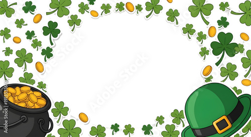 St. Patrick's Day Frame, Pot of Gold, Shamrocks, Hat,  A festive frame featuring cartoon shamrocks, gold coins, a black pot overflowing with gold, and a green leprechaun hat on a white background