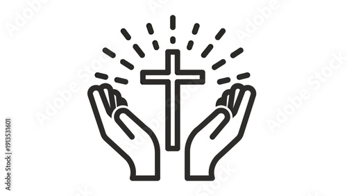 Hands Raised in Prayer Surrounding a Cross Symbol in Worship Scene.