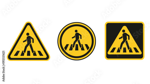 Triptych of Road Safety Signs Indicating Pedestrian Crossing Ahead for Drivers.