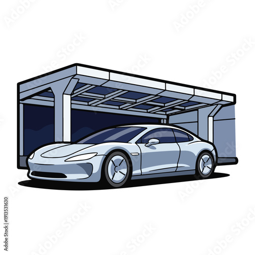 A sleek silver sports car parked under a modern carport
