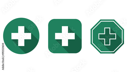 Set of green medical cross icons with different shapes for healthcare design.
