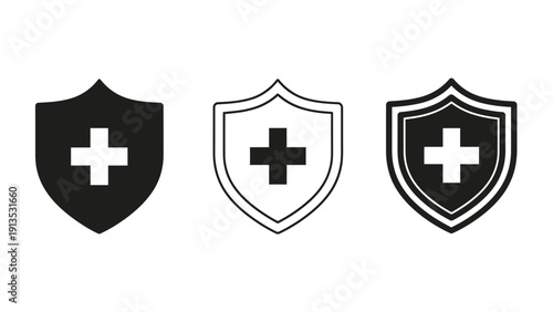 Triune shield emblems with medical cross for guardianship and protection design set.
